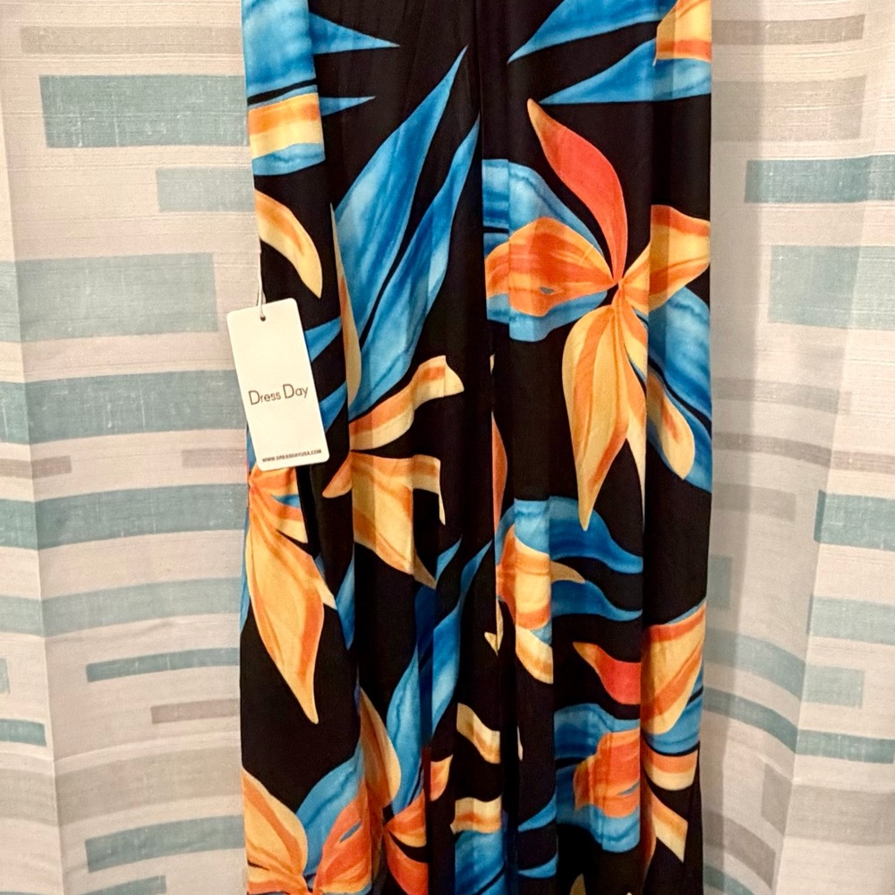 Floral Halter Maxi Dress with Blue and Orange Design